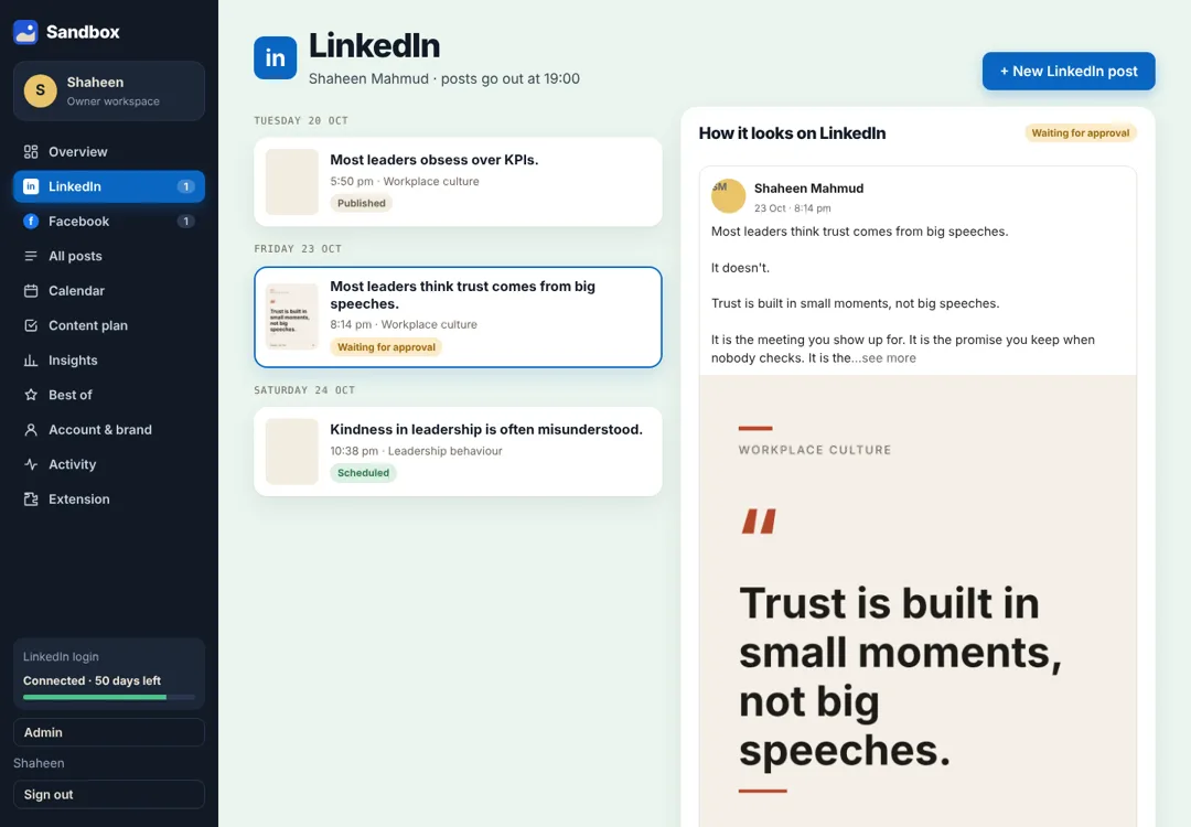 The Sandbox dashboard showing a week of LinkedIn posts and a live preview of how a post will look