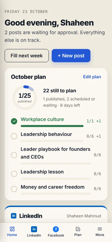 The Sandbox dashboard on a phone, showing the monthly content plan